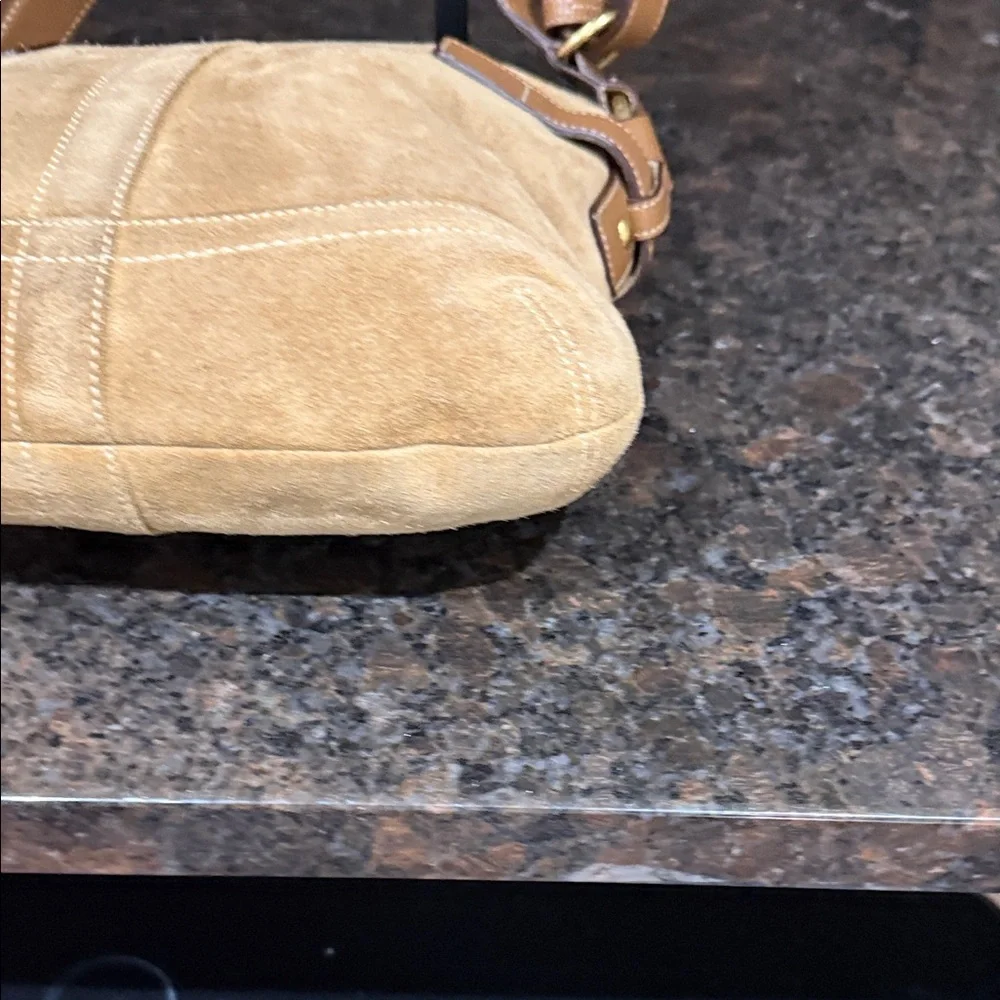 Coach Tan Suede SoHo Buckle Shoulder Bag with Buckle Accents